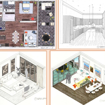 Board with drawings of a kitchen, dining area, bedroom and living room