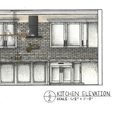 kitchen elevation sketch showing cabinets