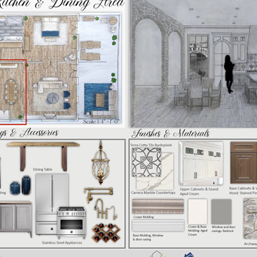 Design board for a kitchen and dining area showing light fixtures and color choices