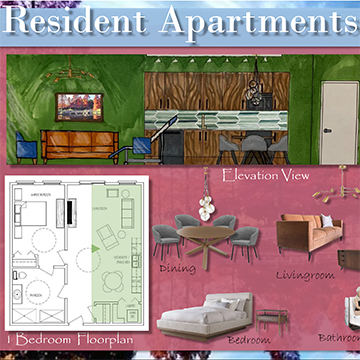 Floor plan, materials and furniture options for Resident Apartments