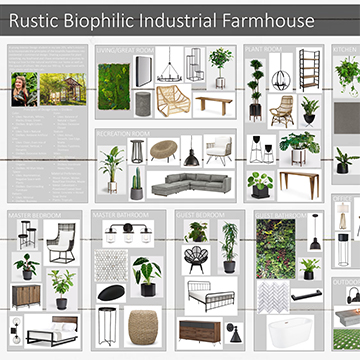 Mood board with the title "Rustic Biophilic Industrial Farmhouse