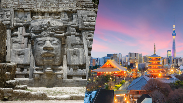 Left: Temple carving in Belize; Right: Aerial view of a city in Japan