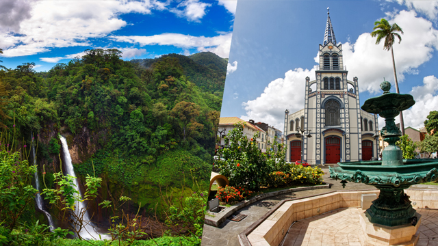 Left: Waterfall in Costa Rica; Right: A church on the island of Martinique