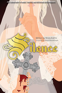 Program Cover drawing of a woman in a wedding dress holding a finger to her lips and holding a bloody cross in her other hand. 