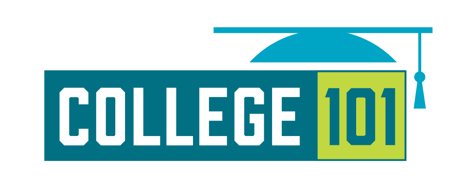 College 101 in a blue and green bar with a graduation cap on top