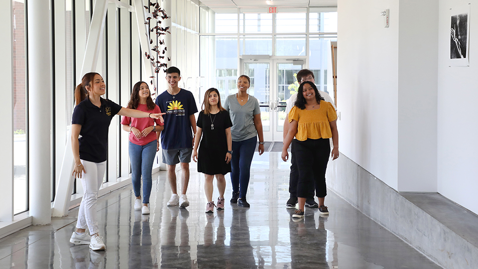a campus representative gives a tour of the Fine Arts and Design Building at JCCC
