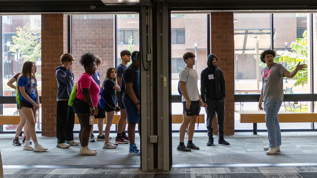 a group of students touring the jccc campus near the colab