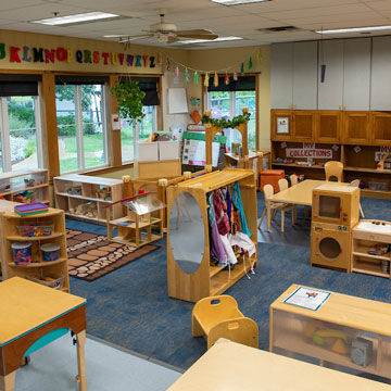Young Preschool Classroom, showing different learning areas including dramatic play, art, and blocks. 