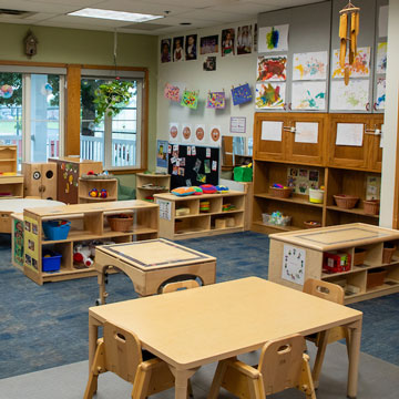 Toddler Classroom, showing the different learning areas including dramatic play, blocks, and sensory table. 