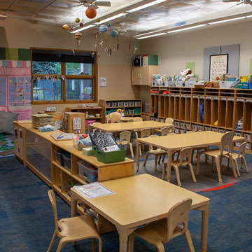 Young Preschool Classroom, showing child cubbies and learning areas.