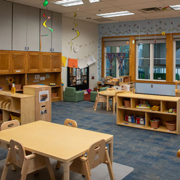 Toddler Classroom, showing the loft, quiet area, and block area..