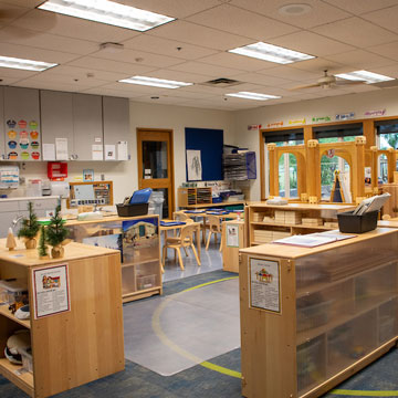 Pre-Kindergarten Classroom, showing different learning areas including block, art, and dramatic play.