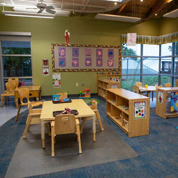 Toddler Classroom, showing the different learning areas including manipulatives, blocks, and the circle area. 