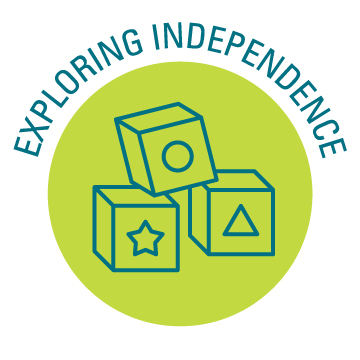 Icon of children's toy blocks with the words Exploring Independence