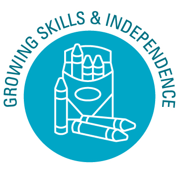 Icon of a box of crayons with the words Growing Skills and Independence