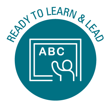 Icon of a teacher at a blackboard with the words Ready to Learn and Lead