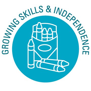 Icon of a box of crayons with the words Growing Skills and Independence