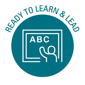 Icon of a teacher at a blackboard with the words Ready to Learn and Lead