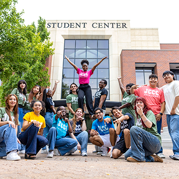 Group photo of Cav Leaders posing in front of the Student Center
