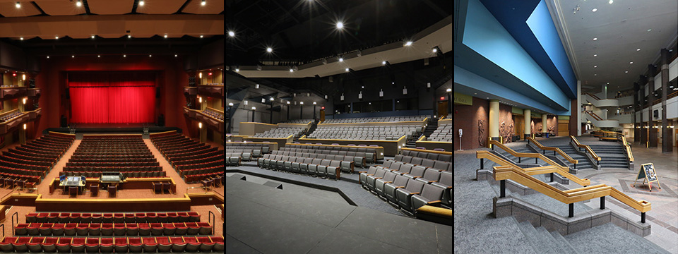 collage of 3 images showing Yardley Hall, MTC Lobby and Polsky Theatre