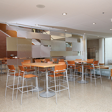 Casual space at OHEC includes high-top tables and bar-height chairs.