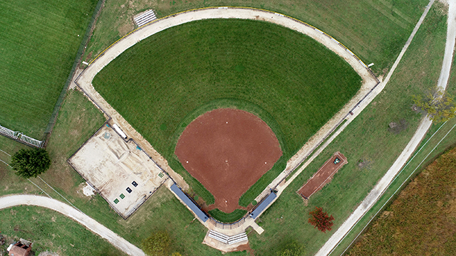 Aerial view of the grass softball field