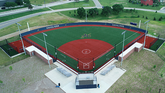 Aerial view of the grass softball field