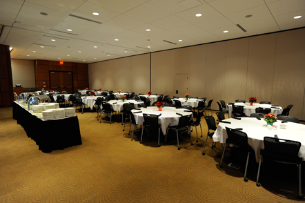 The Conference Center set with round tables suitable for a luncheon or dinner.
