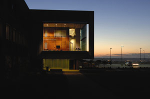 An exterior view of the Cube at night