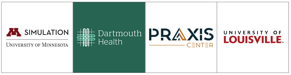 Logos for University of Minnesota simulation, Dartmouth Health, Praxis Center, University of Louisville