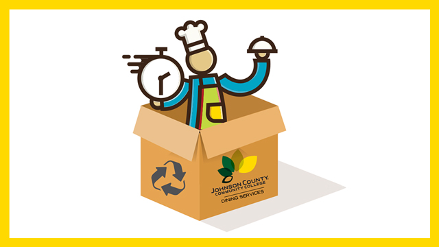 Cartoon chef in a box holding a covered tray with a clock on it.