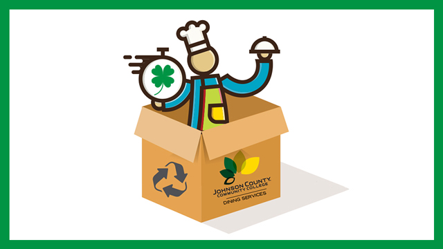 Cartoon chef in a box holding a covered tray with a shamrock.