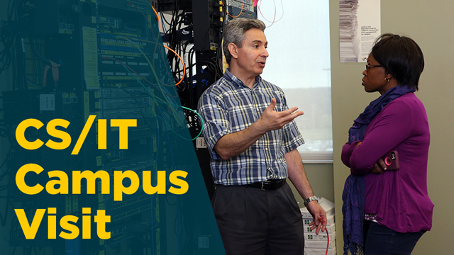 A professor talks with a student in a server room. At the side it says CS/IT Academic Visit.