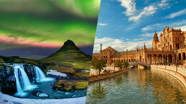 Composite photo of the northern lights in Iceland and a castle in Spain.