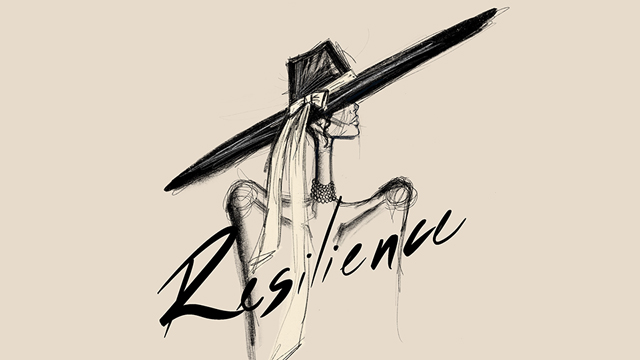 Fashion sketch of woman in big hat with show title Resilience..