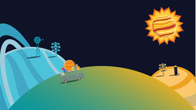 Graphic of all the planets atop a bus driving across the universe.