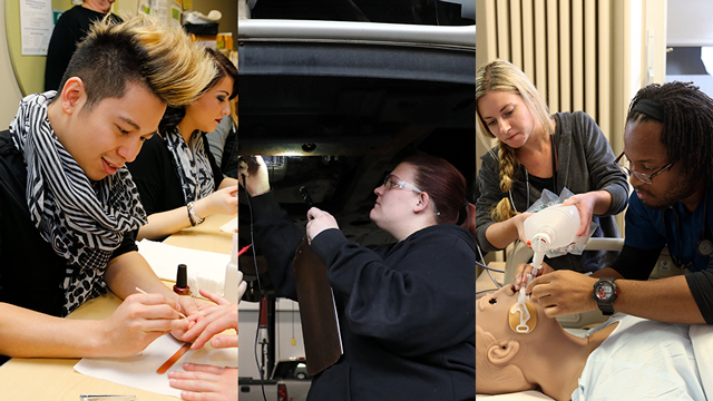 Montage of three images showing a male cosmetology student, a female automotive tech student and a male nursing student