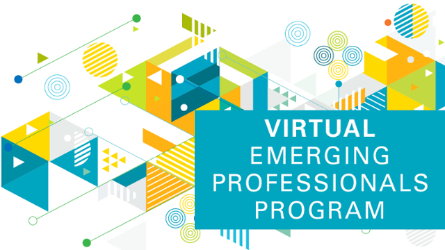 A poster with geometric shapes and the words Virtual Emerging Professionals Program.