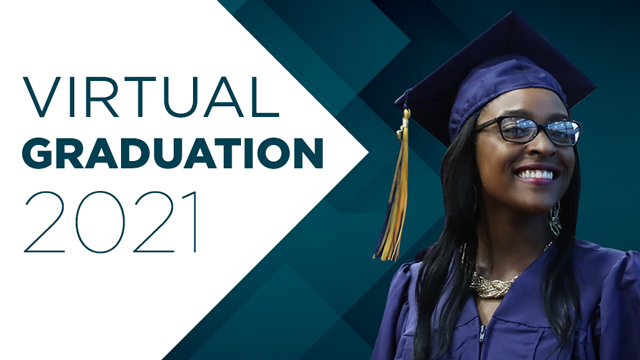 A graduate in cap and gown next to words Virtual Commencement Ceremony