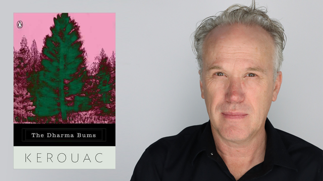 Dennis Arjo and a copy of the book The Dharma Bums by Jack Kerouac.