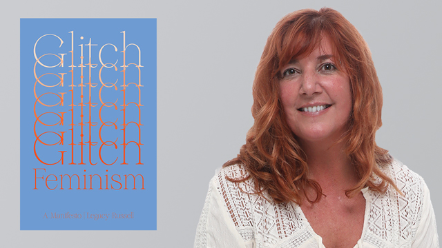 Tonia Hughes with a copy of 'Glitch Feminism' by Legacy Russell.
