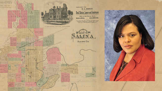 Portrait of Marie D. Johnson and a historical map of Salina, Kansas