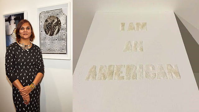 Priya Kambli and an image from her installation that says I AM AN AMERICAN.