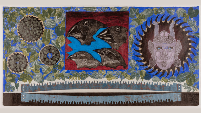 Zigmunds Priede, Event Horizon, n.d., Woodcut, relief and acrylic on paper, 41 x 77" Collection Nerman Museum of Contemporary Art, Johnson County Community College.