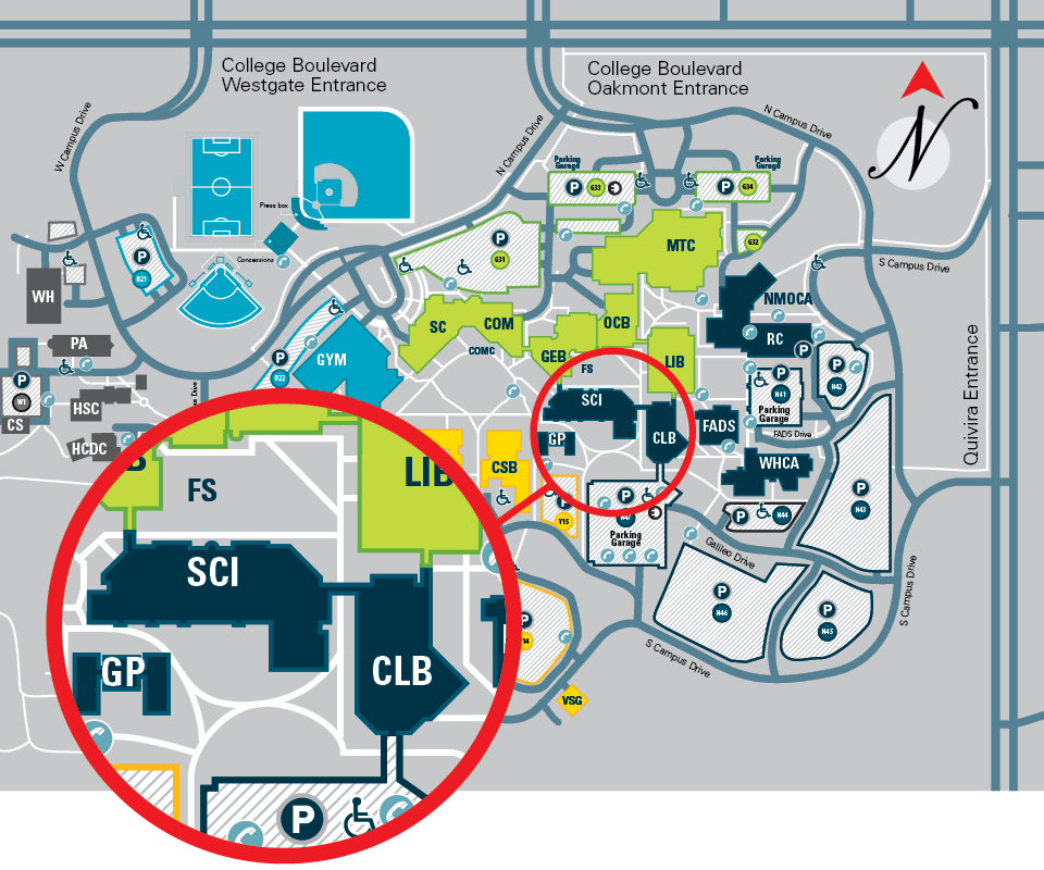 A map of the JCCC campus with the SCI and CLB buildings circled