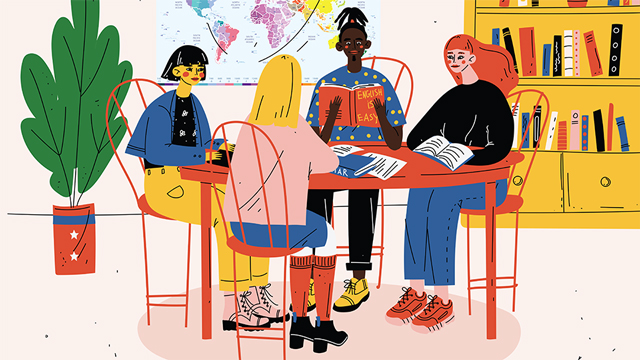 Illustration of students at a table.