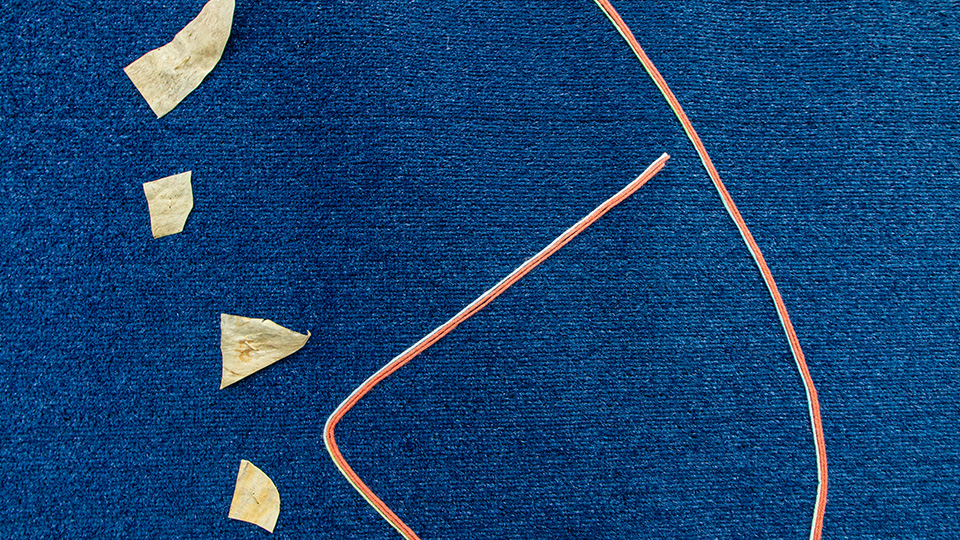 Artwork image: Teresa Baker, Missouri River (detail), 2022, Yarn, parfleche, artificial sinew, oil pastel, on Astroturf, 72.25 x 107.5 in., Courtesy the Artist and de boer gallery, Los Angeles, California.