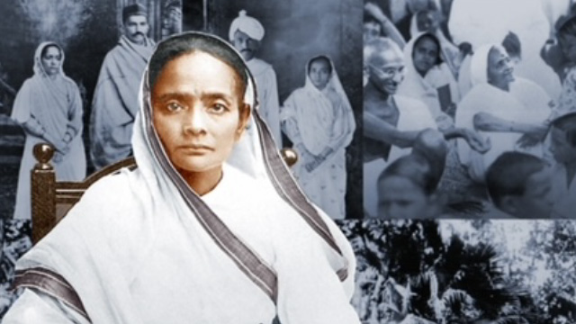 Kasturba Gandhi seated in front of a collage of black and white photographs .