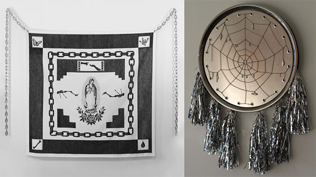 Left: Andrew Mcilvaine, No Llores, Your Soul Glows in the Dark, 2023, Ballpoint pen on paño (cloth), grommets and chain on hook, 48 x 48", Courtesy the Artist. Right: Andrew Mcilvaine, Reach Out If You Fall from Grace, 2023, Tin Milagros, chain, woven silver web, charms, grommets and silver tassels attached to lowrider hoop, 27 x 17 x 2”, Courtesy the Artist.