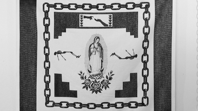 Andrew Mcilvaine, No Llores, Your Soul Glows in the Dark, 2023, Ballpoint pen on paño (cloth), grommets and chain on hook, 48 x 48", Courtesy the Artist.